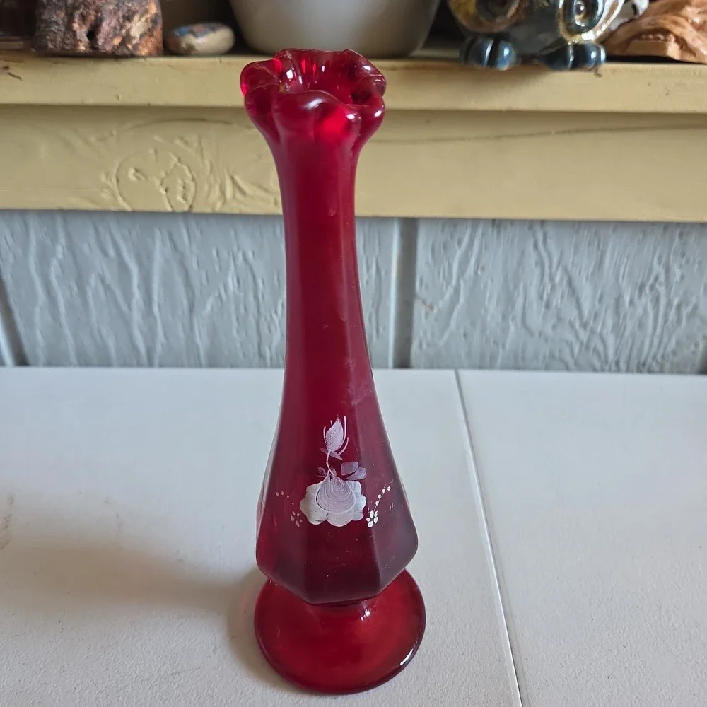 Fenton Ruby Red Swung Bud Crimped Glass Vase Hand-Painted Floral Artist Signed